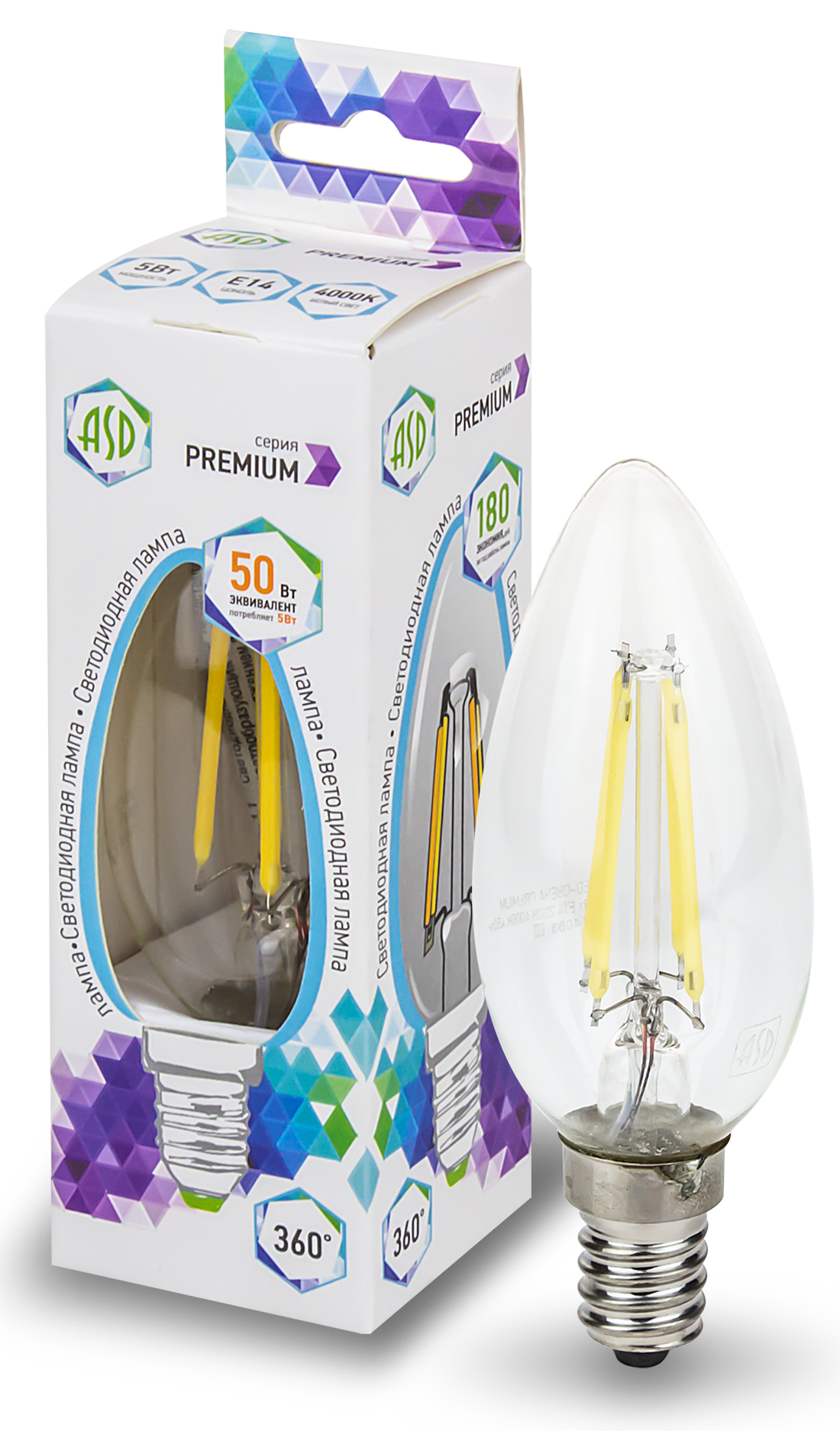 Лампа сд LED-СВЕЧА-PRM 5Вт 230В Е14 4000К 450Лм прозрачная ASD