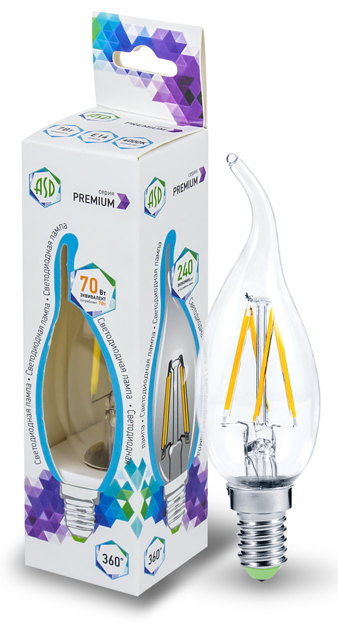 Лампа сд LED-СВЕЧА НА ВЕТРУ-PRM 7Вт 230В Е14 4000К 630Лм прозрачная ASD